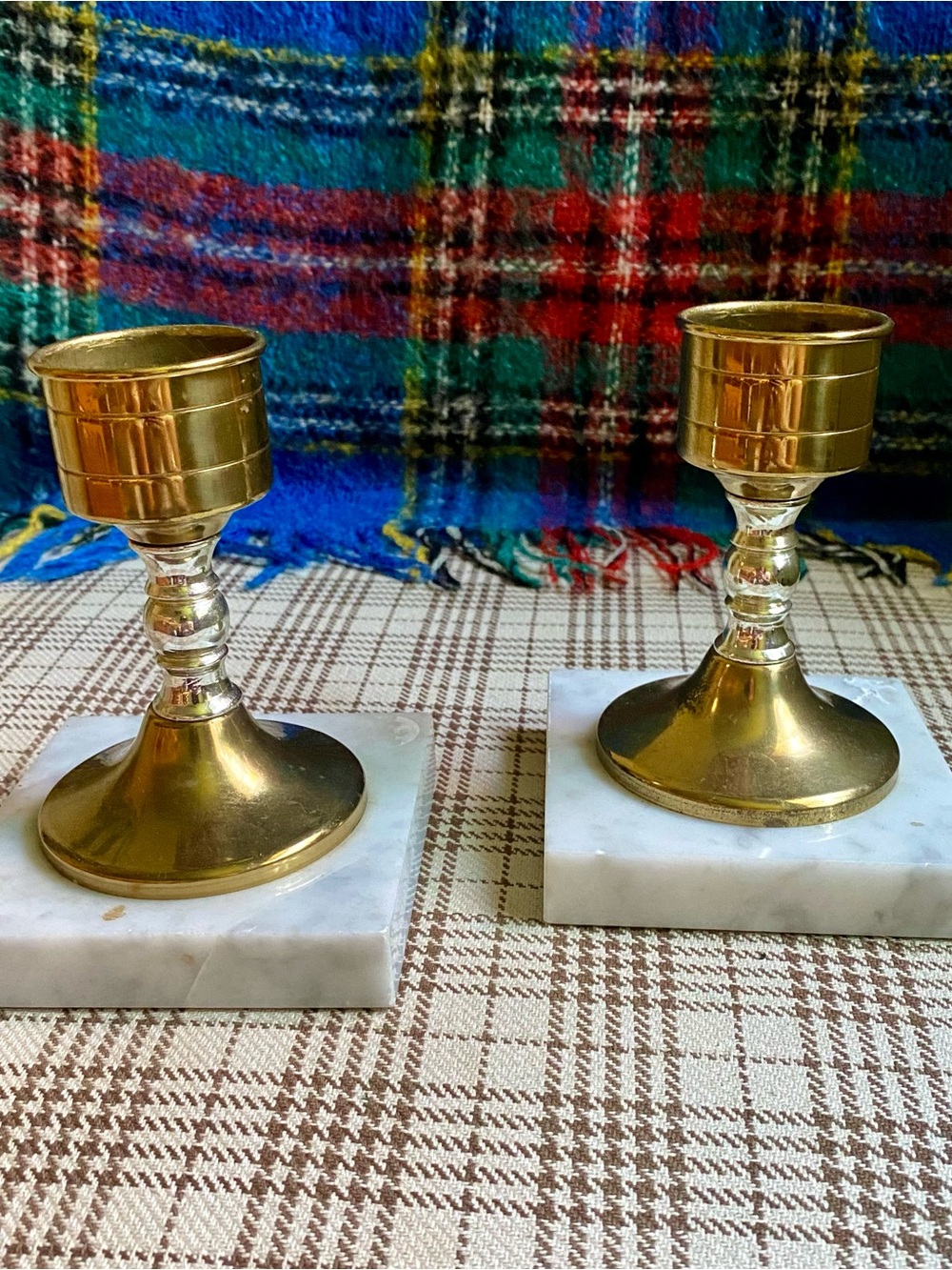 Brass Candlestick Holders on White Marble Bases - Gold